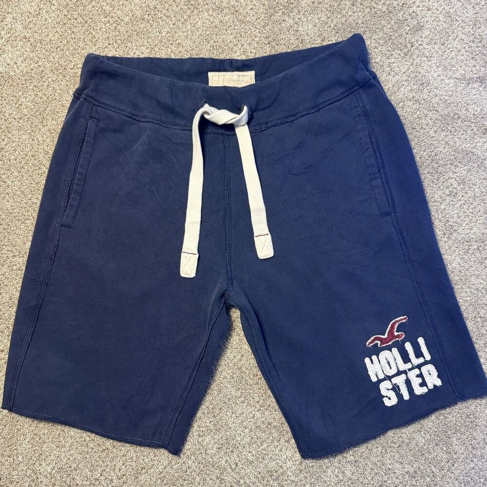 VTG Hollister Men Large Navy Blue Fleece Sweat Shorts Spellout Logo Y2K Surf